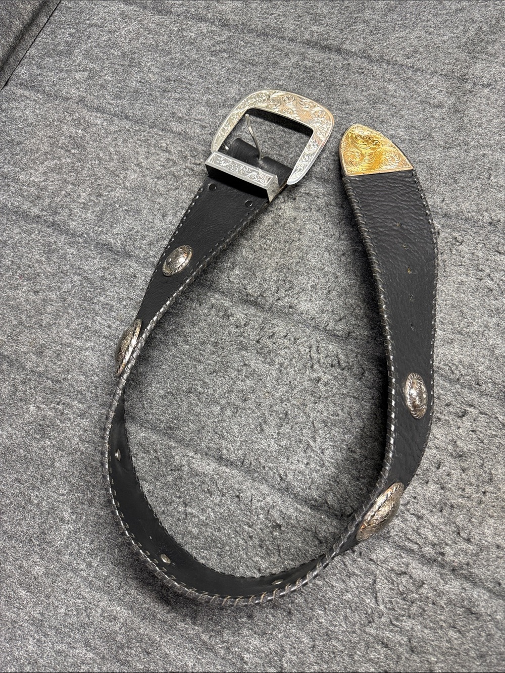 “VINTAGE”. Big AL Vintage Western Black Leather Belt with Silver Engraved Buckle - Picture 8 of 16